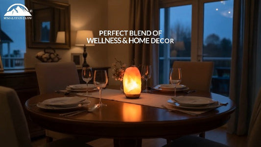 Soft glowing pink Himalayan salt lamp on a bedside table with warm ambient light and cozy home décor.
