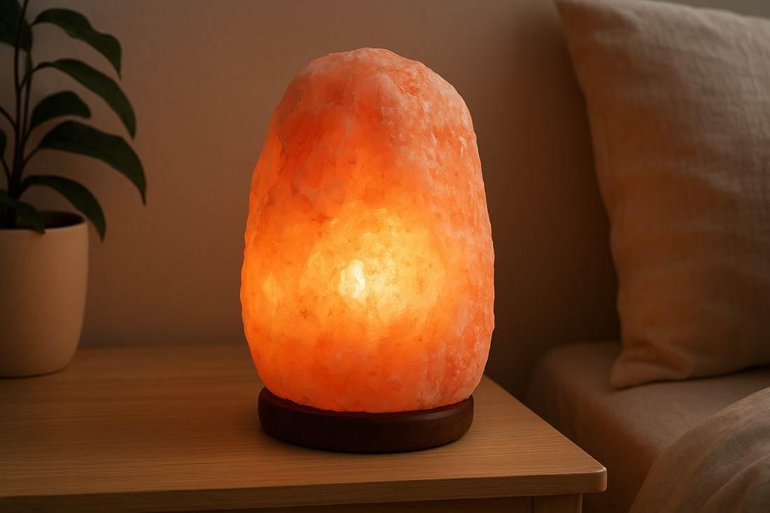 Glowing pink Himalayan salt lamp on a wooden bedside table with warm ambient lighting and cozy home décor.