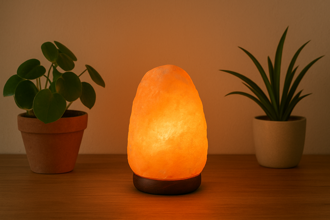 A warm glowing Himalayan salt lamp placed on a wooden table beside a small green plant, creating a calming and cozy home décor atmosphere.
