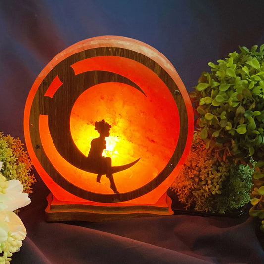 Himalayan Salt Fairy Sitting On The Moon Lamp
